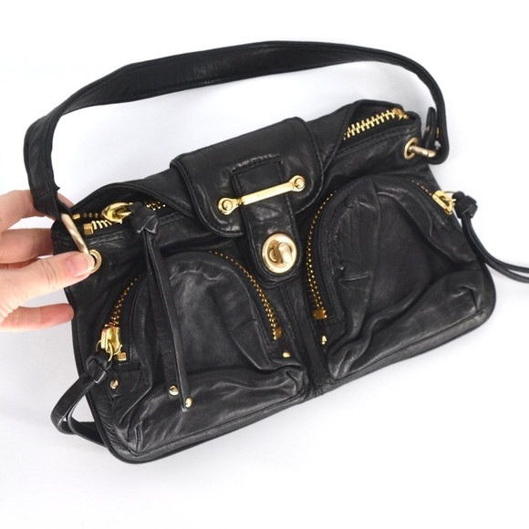 Botkier Bianca Satchel Shoulder Bag Lambskin Leather Black Gold Small - Picture 2 of 8